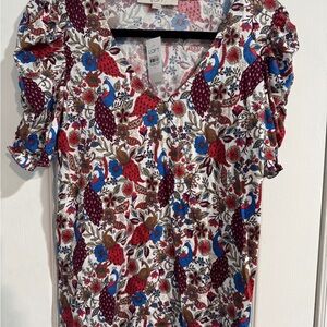 LOFT Women's Floral Peacock V-Neck Top - Red and Blue NWT